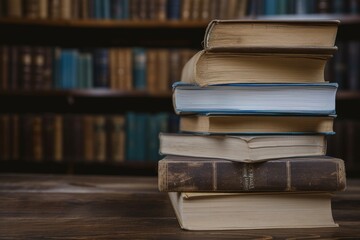 Education setup stack of books on a wooden table in library