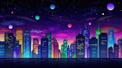 cartoon illustration Megalopolis infrastructure with modern skyscrapers under dark starry sky,