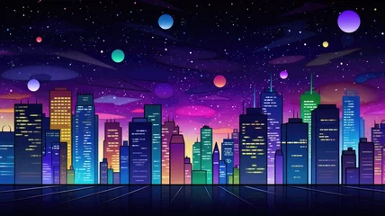 Foto op Plexiglas cartoon illustration Megalopolis infrastructure with modern skyscrapers under dark starry sky, © chesleatsz