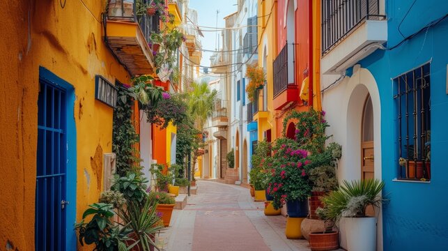 Fototapeta Mediterranean colourful. Front sight of a street at Villajoyosa, Spain