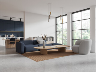 Cozy studio interior with lounge and cooking zone, panoramic window