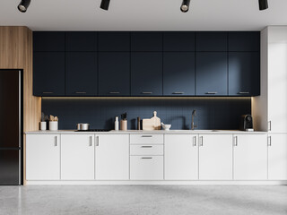 White and blue kitchen interior with cabinets