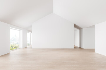 White empty hall in modern apartment, panoramic window on skyscrapers