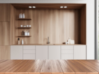 Table in wooden kitchen interior