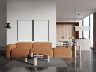 White and wooden kitchen interior with couch and posters