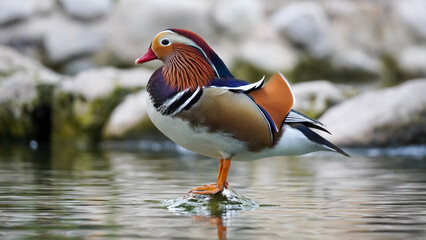 Pato mandarín posado sobre piedra en el agua