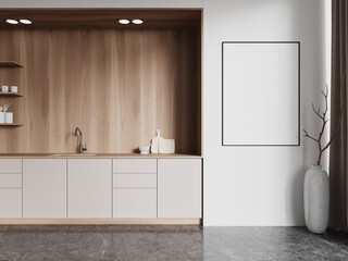 Stylish home kitchen interior with cooking cabinet, sink and mockup frame