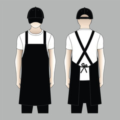 Shop uniform with a black apron and baseball cap design on a white background. Front and back view, vector file.