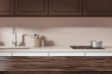 Wooden empty countertop on background of kitchen interior with kitchenware