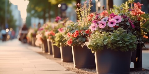 Fototapeta na wymiar Road Flower Pot, Street Bed, Modern City Floristry, Urban Flowerbeds Design, City Flowers Landscaping