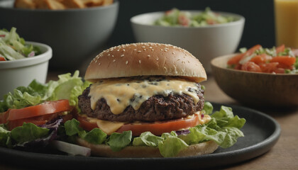 Grilled cheeseburger with fries, salad, and all the fixings, on a sesame seed bun, isolated on a white background – a delicious and satisfying fast food meal