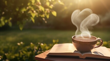 up of coffee with heart-shaped smoke and a book in the garden, representing the serene joy of outdoor leisure.