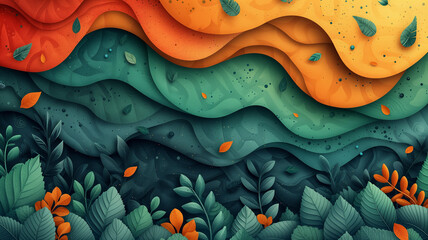 Abstract Artistic Waves and Foliage Wallpaper: Lush Greenery and Orange Accents