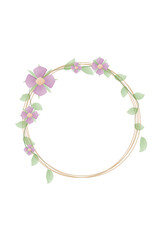 Isolated circle frame on white with flowers and leaves composition. Beauty watercolor blossom card for wedding, celebration, congratulation, invitation. Background, template, post, poster. Vector.