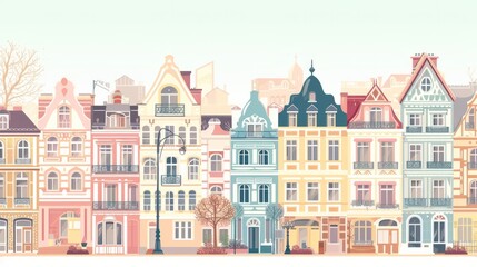 Fototapeta premium Row of stylized European buildings in pastel colors
