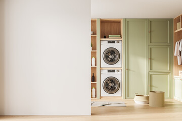 White and green laundry room interior with blank wall - obrazy, fototapety, plakaty