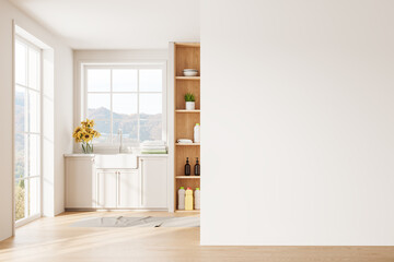 Stylish home laundry room interior with accessories and window. Mockup wall