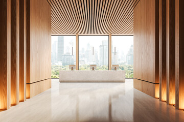 Business reception interior stone desk with panoramic window on skyscrapers