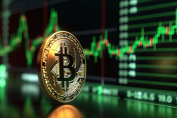 Bitcoin trading bull market with green and red stick trading chart and arrows