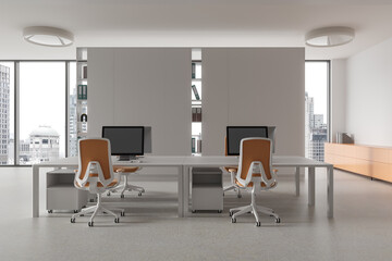 Modern office interior with pc computers, desk and shelf and panoramic window