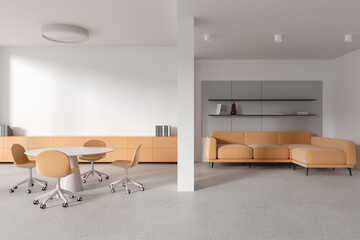White and orange board room interior