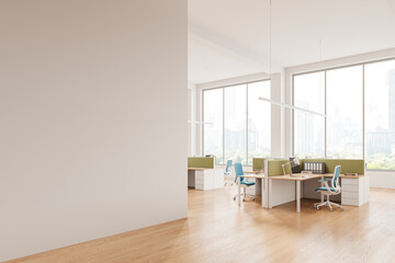 Minimalist office interior with workspace near panoramic window. Mock up wall