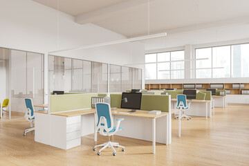Modern business interior with meeting and coworking zone, shelf with documents