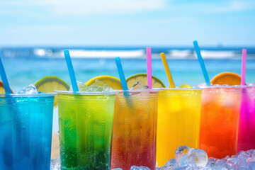 Colorful refreshing cold tropical fruit juice drinks in summer beach banner background. Exotic drinks the white sandy beach. Colorful cocktails .. Tropical beachfront, summer vibes, cool drink glasses