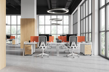 Cozy workplace interior with desk and pc monitors, panoramic window