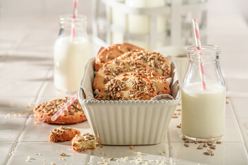 Tasty sunflower seed cookies with seeds and milk.