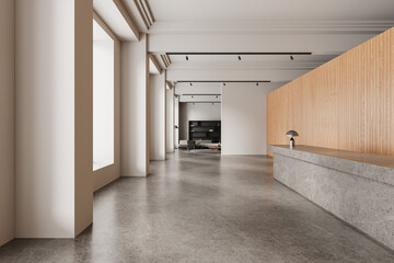 White and wooden hotel hall with reception