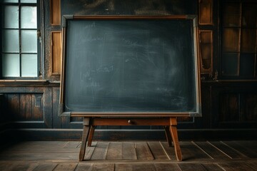 Nostalgic education setting Vintage blackboard or school slate backdrop - obrazy, fototapety, plakaty