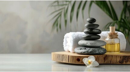 photography, Horizontal composition, on a clean light gray background, with some spa accessories 