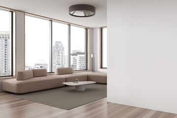 Fototapeta na wymiar Stylish home living room interior with relax corner and window, mock up wall