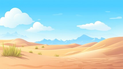 Fototapeta na wymiar cartoon illustration desert panorama landscape with sand dunes and clear blue sky on very hot sunny day summer concept.