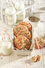 Tasty sunflower seed cookies ready to eat in kitchen.