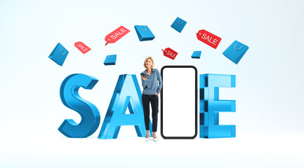 Woman with phone, sale sign and shopping bags