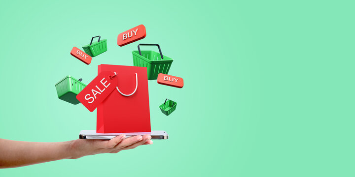 Woman hand with phone and large red shopping bag with backets, copy space