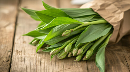 Fresh ramson in paper bag