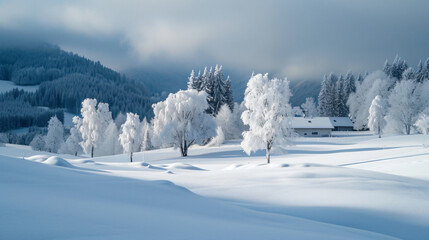 Frozen trees on snowcapped land