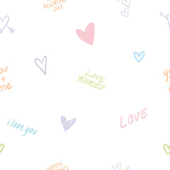 Happy holiday Valentine day seamless pattern with heart and love motivation text