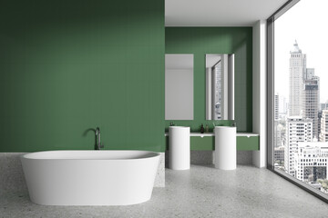 Fototapeta na wymiar Stylish hotel bathroom interior with tub and washbasin, window. Mock up wall