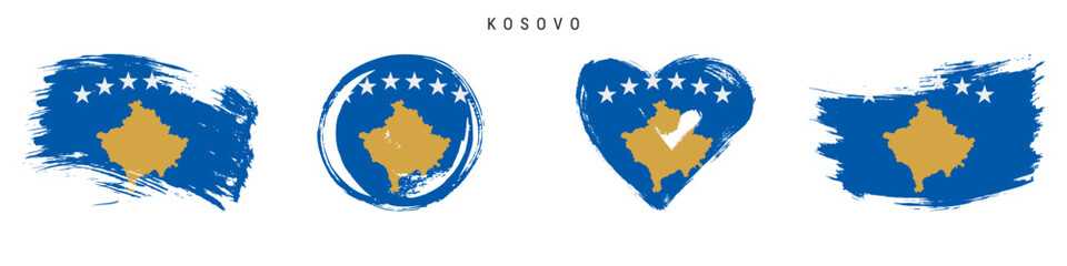 Kosovo hand drawn grunge style flag icon set. Kosovan banner in official colors. Free brush stroke shape, circle and heart-shaped. Flat vector illustration isolated on white.
