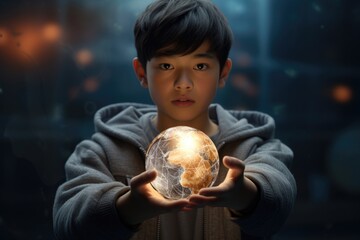 Naklejka premium Asian teenager promoting sustainable environment with earth on hand.