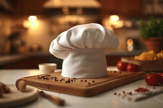 Kitchen ambiance White cook hat on a table with copy