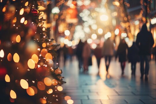 City street decorated for Christmas time. People walking in street, buying presents, preparing for holidays. Abstract blurred defocused image background. Christmas holiday, Generative AI