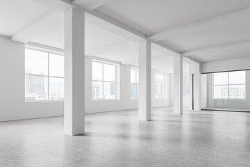 Stylish empty office interior and columns, panoramic window on skyscrapers