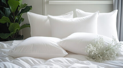 Fototapeta na wymiar modern Bedroom interior design details. Comfortable bed with soft white pillows and bedding in bed .White pillows and duvet on the white bed