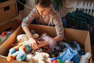Teenager sorting and collect kid toys, clothes into boxes at home. Donations for charity, help low income families, declutter home, sell online, moving into new home, recycling, Generative AI