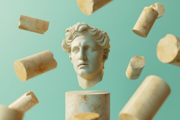 greek plinth statue surrounded by flowing geometric forms, cuboids and cones, on bright pastel background